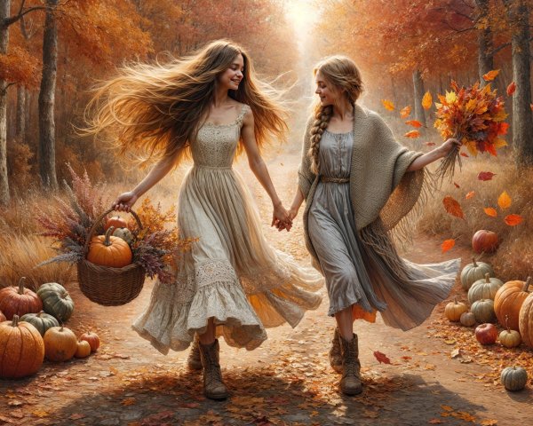Autumn Stroll with Flowers and Pumpkins on Path