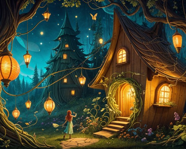 Whimsical Forest Cottage Under Starlit Sky