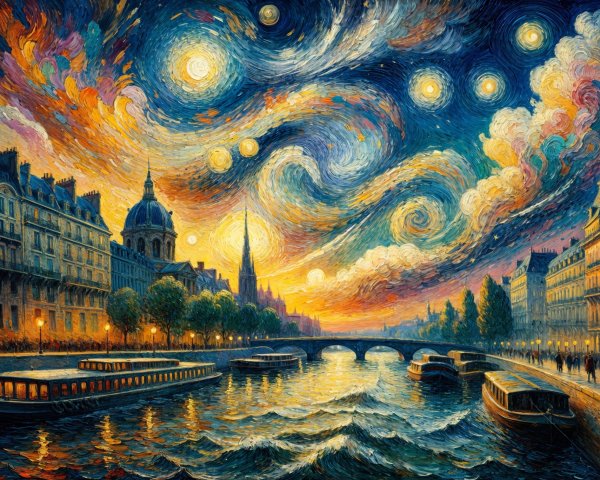 Vibrant Night Sky Over Serene River and Historic Buildings