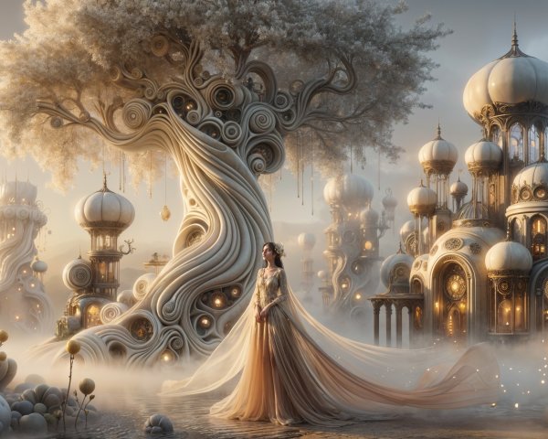Fantastical Landscape with Majestic Tree and Towers