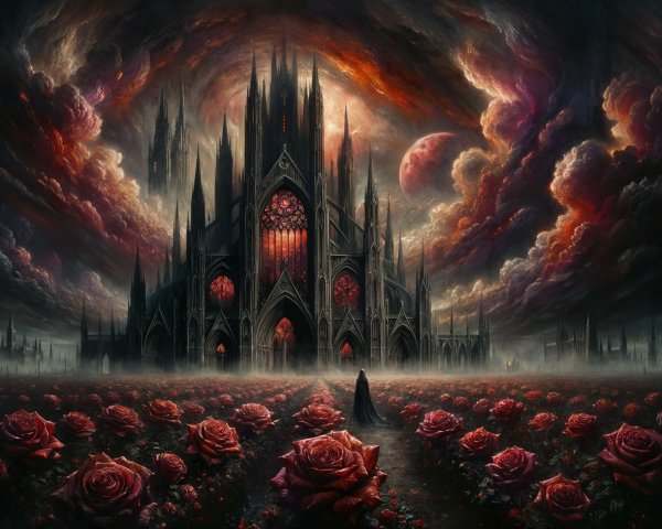 Gothic Cathedral Amidst Crimson Roses and Stormy Sky