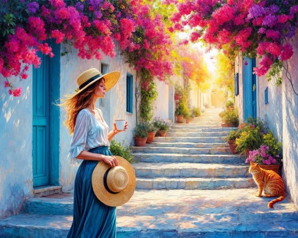 Woman in flowy attire on a cobblestone path with flowers