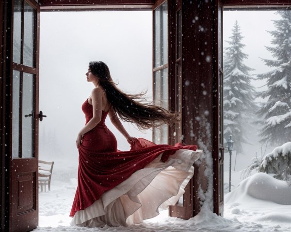 Woman in Red Dress at Open Door in Winter Scene