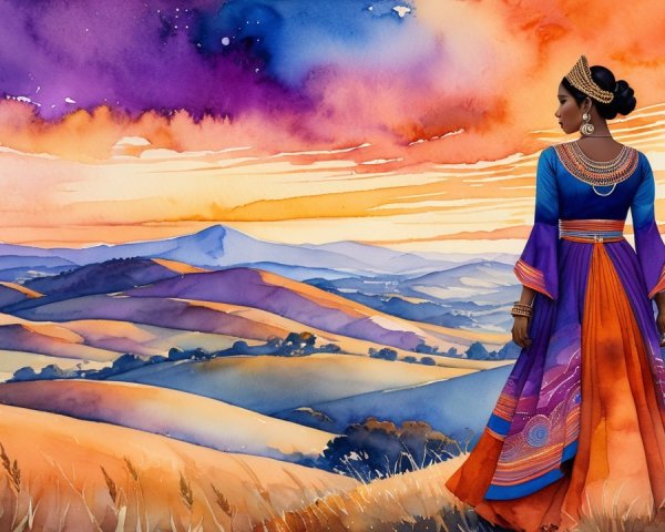 Woman in traditional dress overlooking vibrant landscape