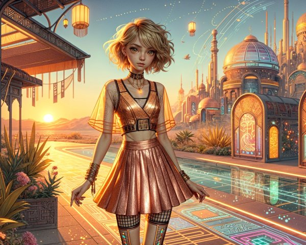 Futuristic City Scene with Stylish Young Woman