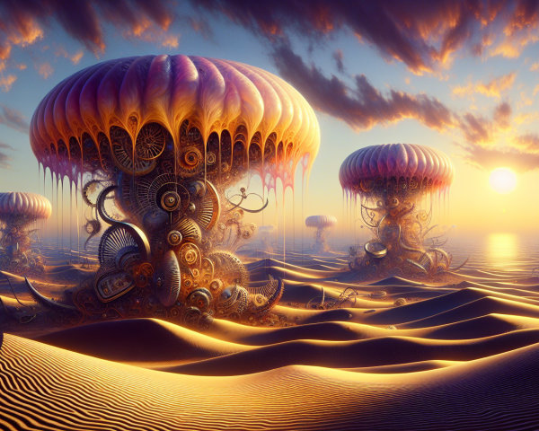 Surreal Desert Landscape with Bioluminescent Structures