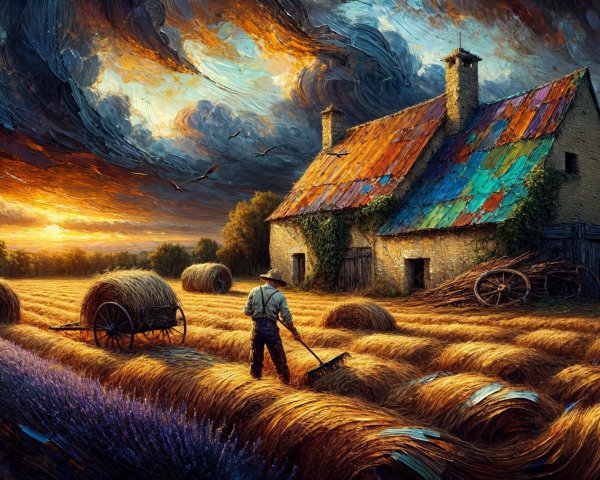 Serene Sunset Over Wheat Fields and Farmhouse