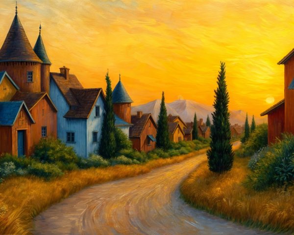 Charming Cottages in a Sunset Landscape Scene
