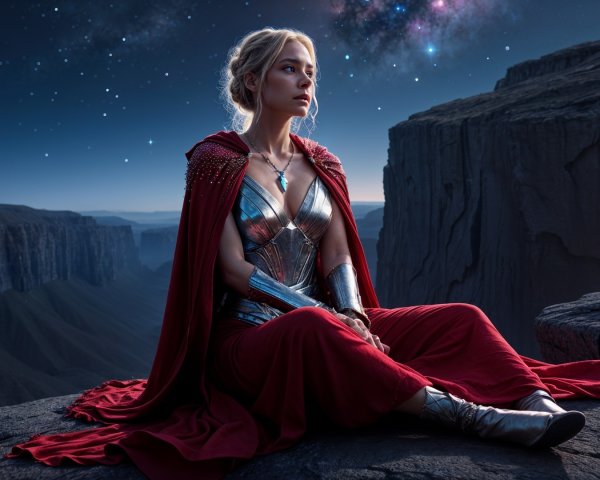 Majestic Warrior on Ledge Under Starry Sky