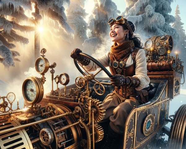Woman in vintage steampunk attire driving a brass vehicle