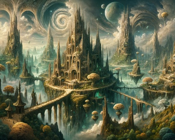 Surreal Landscape with Castles and Floating Islands