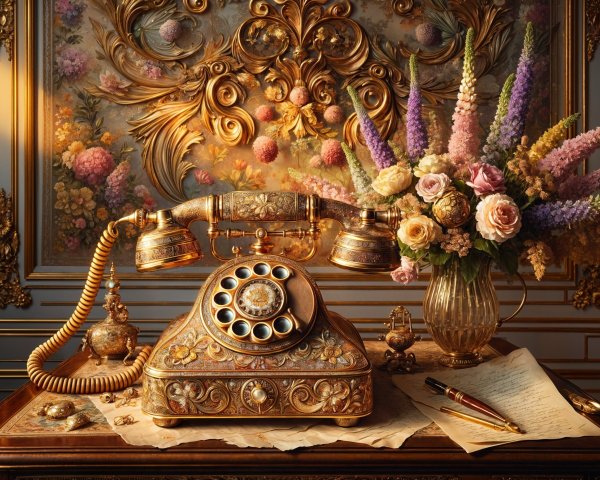 Ornate vintage telephone and floral vase display