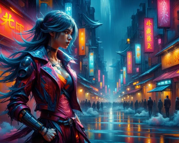 Futuristic cityscape with neon lights and modern fashion