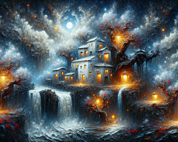 Serene Village Under Full Moon in Mystical Landscape