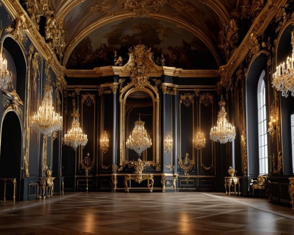 Opulent interior with dark walls and gold accents