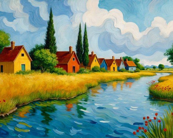 Serene Landscape with River and Colorful Houses