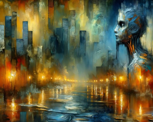 Abstract cityscape with skyscrapers and vibrant sky