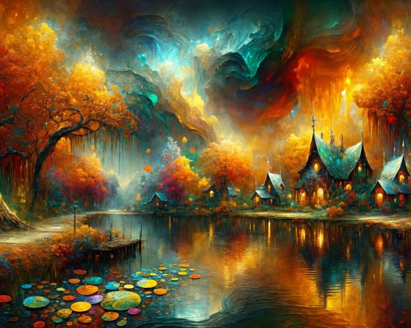 Vibrant Fantasy Landscape with Serene Autumn Lake