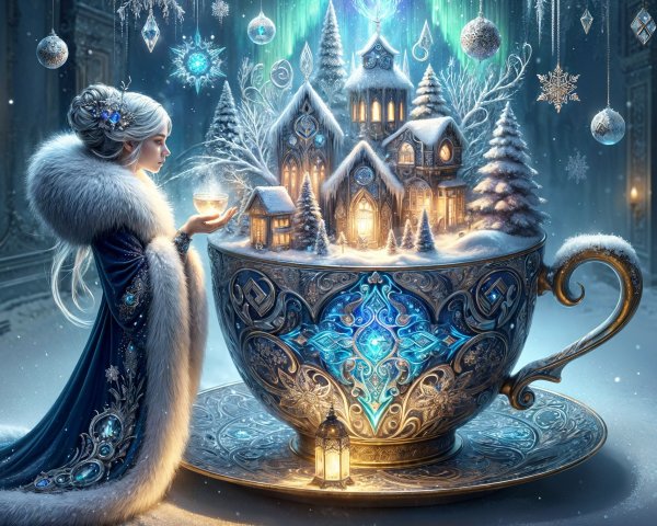 Whimsical Winter Scene with Frosty Gown and Teacup