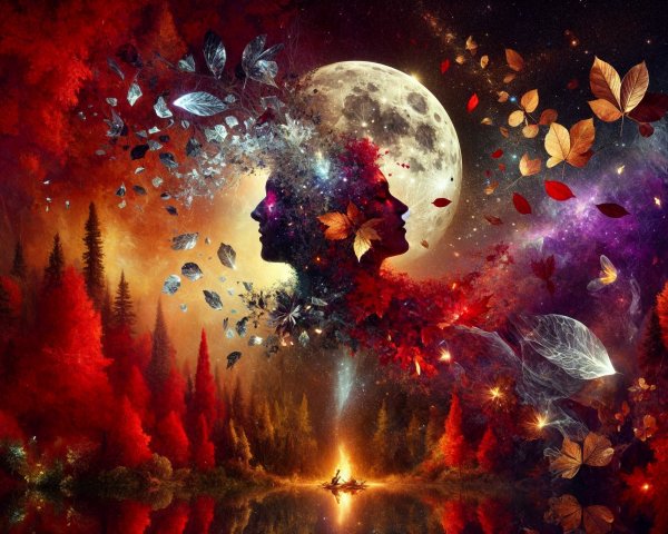Surreal Autumn Landscape with Moon and Reflections