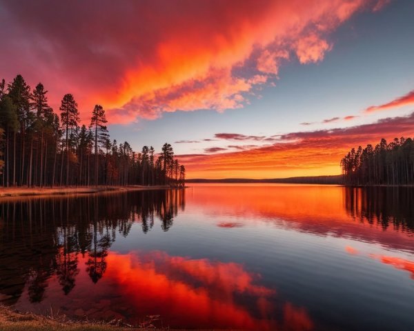 Tranquil Lake at Sunset with Vibrant Sky Reflections
