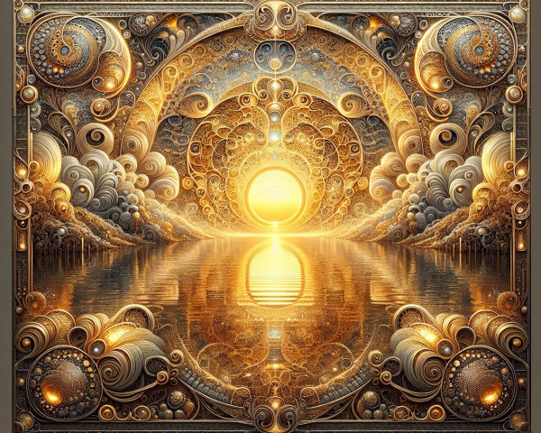 Golden Fractal Mandala with Radiant Sun and Water