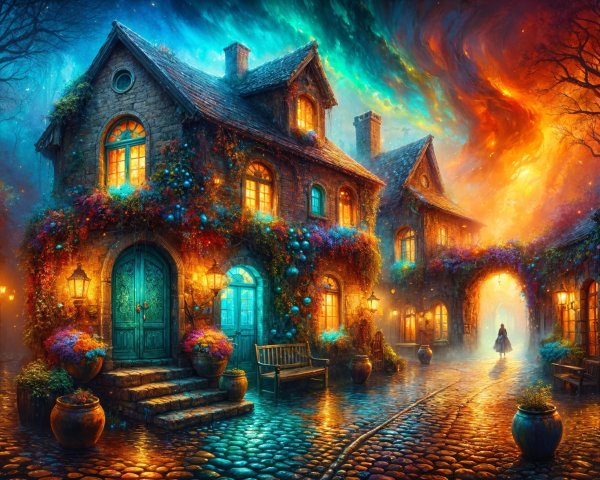 Twilight Village Scene with Cobblestone Streets and Glow