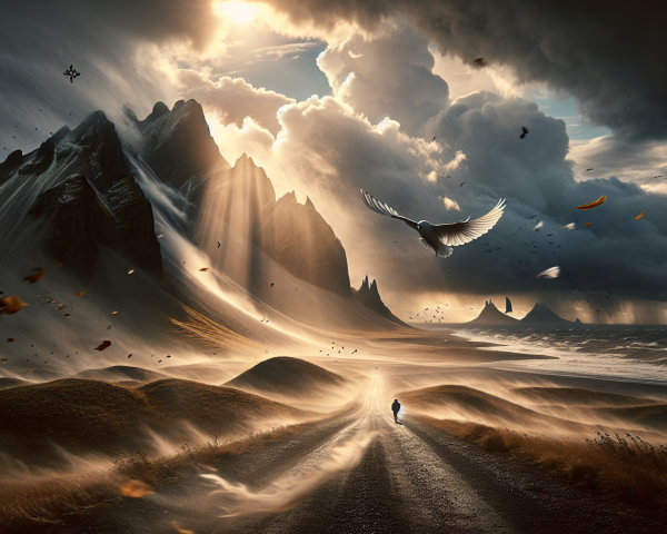 Dramatic Landscape with Stormy Sky and Rugged Mountains