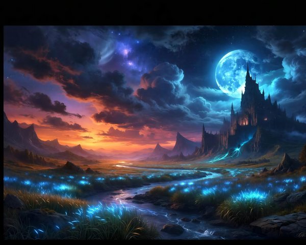 Twilight Fantasy Landscape with Bioluminescent Flora