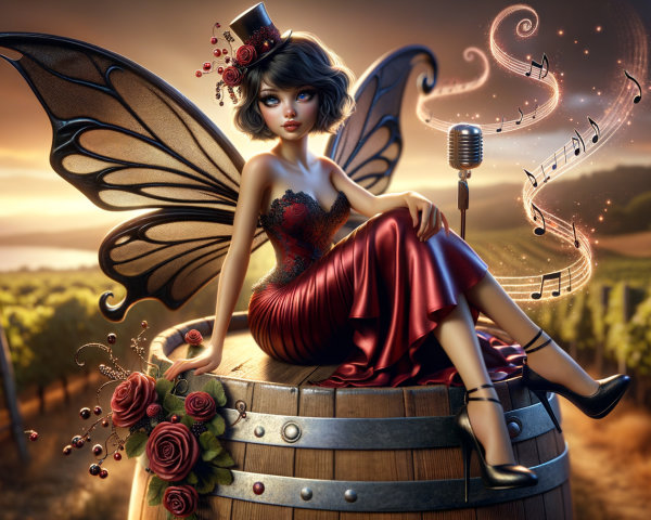 Whimsical Fairy on Wine Barrel in Vineyard Sunset