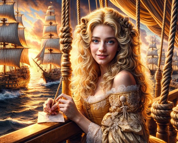 Young woman in golden gown on sailing ship at sunset
