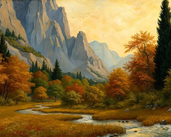 Serene Autumn Landscape with Mountains and Stream