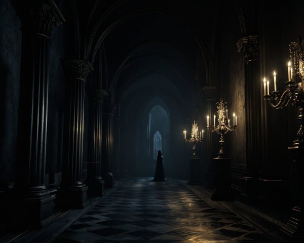 Gothic Corridor with Candlelight and Mysterious Figure