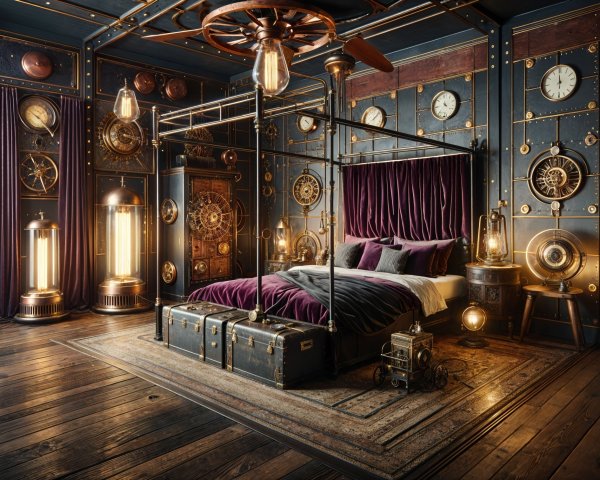 Elegant Steampunk Room with Vintage Clocks and Gear Decor