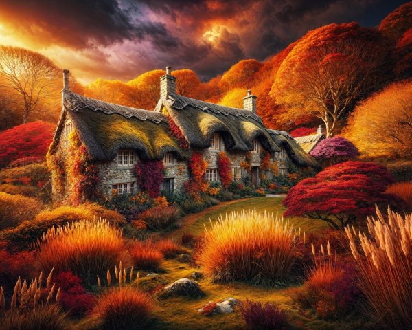 Thatched Cottage in Vibrant Autumn Landscape