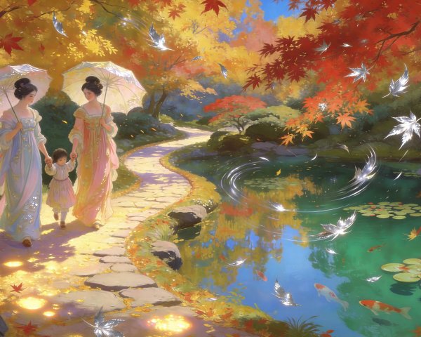 Women and Child Walking in Autumn Garden Path