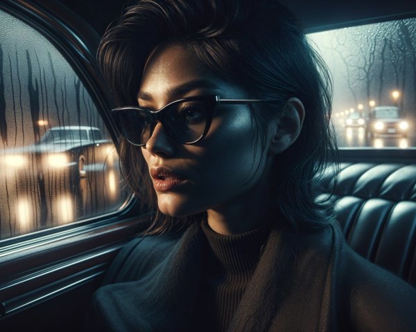 Stylish Woman in Vintage Car on Rainy Night