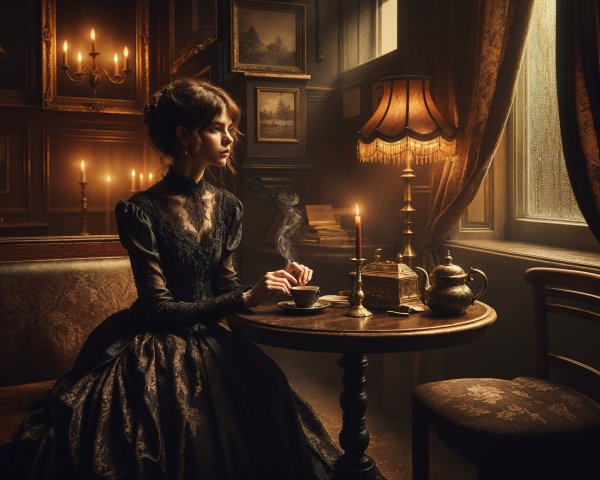 Elegant Woman in Black Dress in Vintage Room Setting