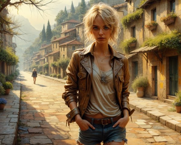 Young woman walking on a sunlit cobblestone street