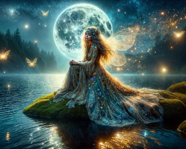 Fairy by Moonlit Lake in Enchanted Forest Setting