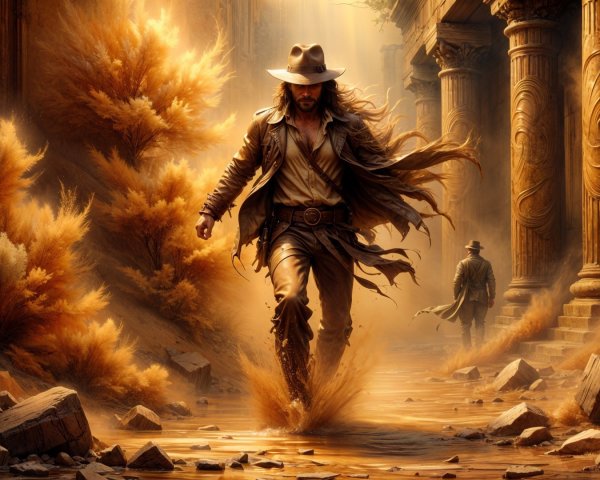Rugged Adventurer in Ancient Ruins with Golden Grasses
