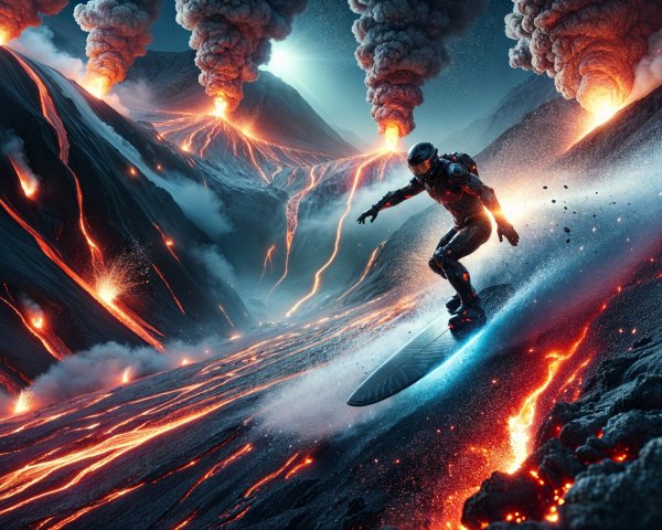 Futuristic Snowboarder on Volcanic Landscape with Lava
