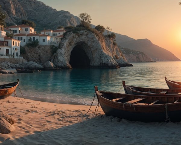 Serene Coastal Landscape at Sunset with Boats and Cliffs