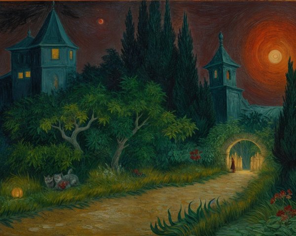 Mystical Twilight Scene with Silhouetted Towers and Cats