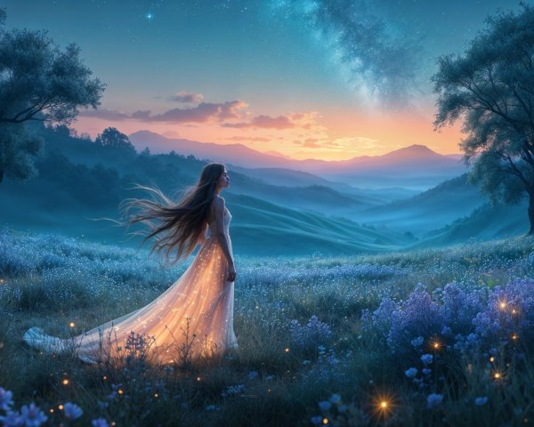 Twilight Landscape with Woman and Vibrant Wildflowers
