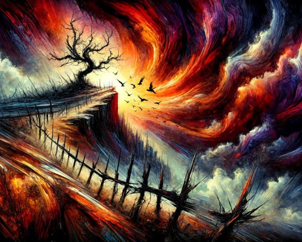 Dramatic Landscape with Twisted Tree and Cosmic Sky