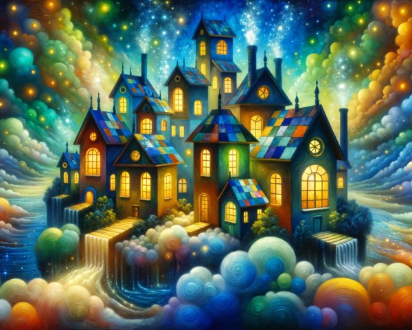 Whimsical Scene of Colorful Houses and Starry Sky