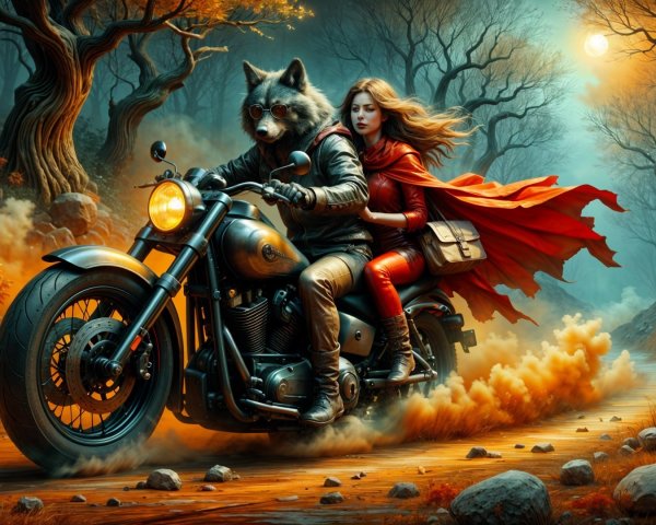 Duo Riding Through a Mystical Forest at Night