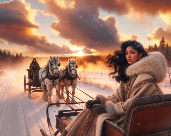 Winter Scene with Sleighs and Sunset Glow