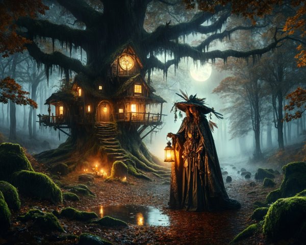 Cloaked Figure by Enchanted Treehouse in Forest